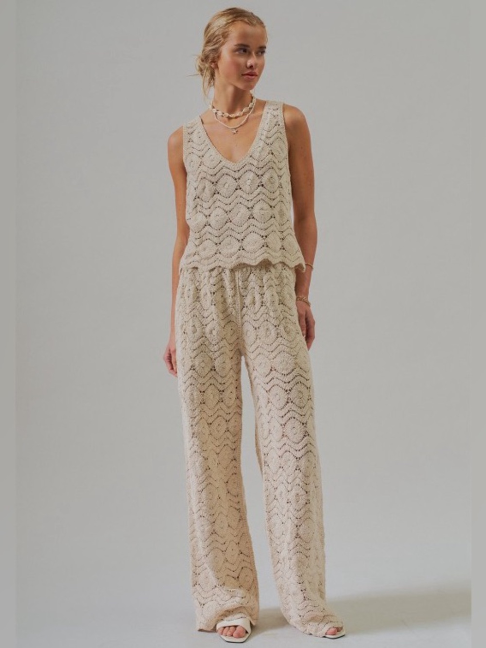 Urban Daizy Natural Crochet Knit Tank & Wide Leg Matching Crochet Knit Pants Set